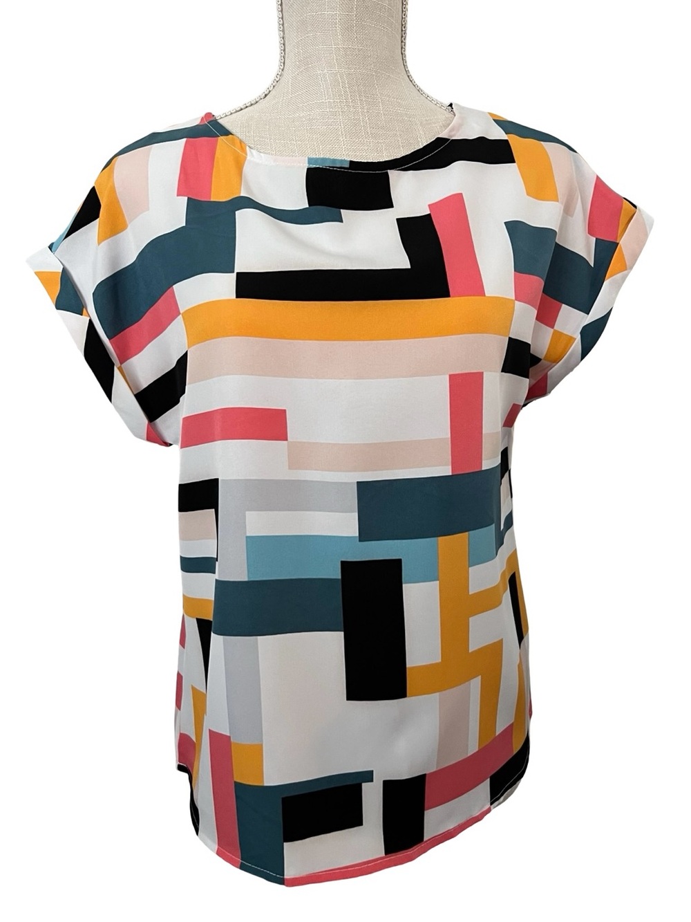 Geometric Print Cap Sleeve Blouse - White with Pink, Mustard & Teal Blocks